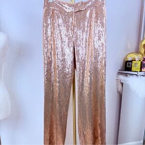 NWT Rachel Zoe Champagne Rose Gold Sequin Side Stripe Trousers 8